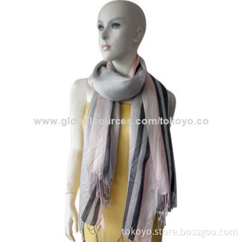 Woven scarf with yarn dyed and stripe, measures 180*70+8cm tassels, made of silk and nylon